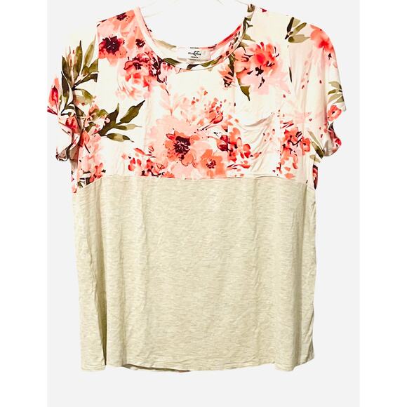 MOA MOA SHORT SLV PULL-OVER RND NECK BLOUSE, WOMENS, 1X-CREAM/WHITE W/PINK GREEN - Picture 1 of 9